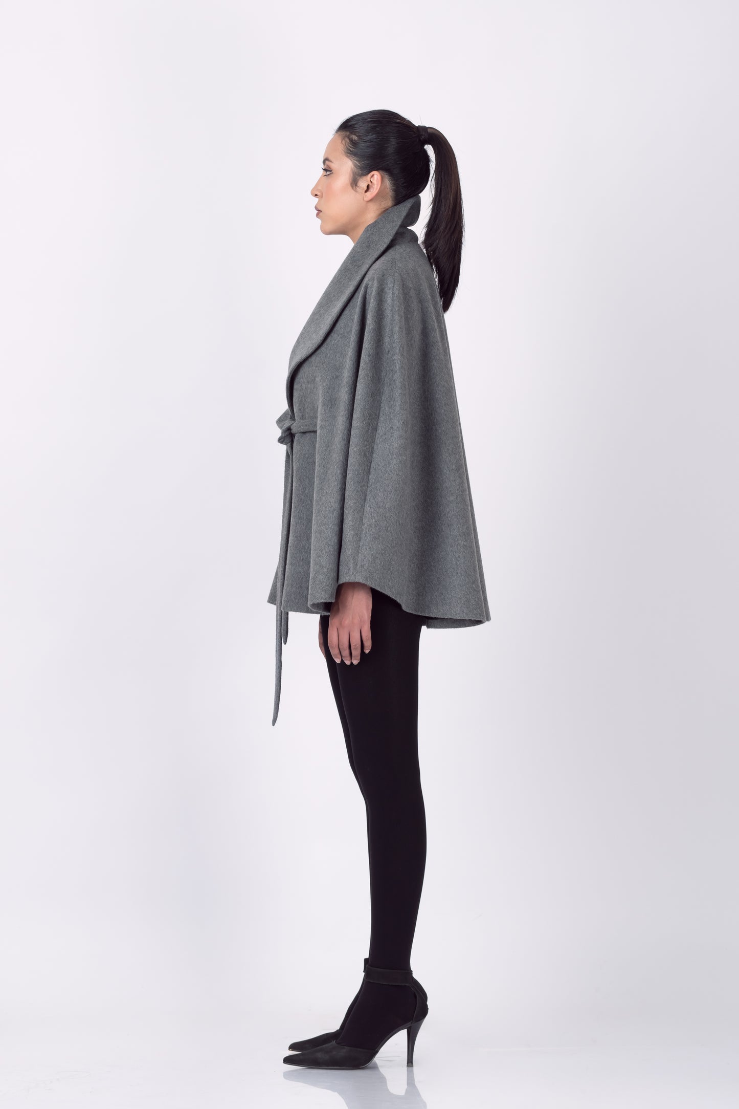 Royal Alpaca Smoking Collar Belted Cape in Stone Grey