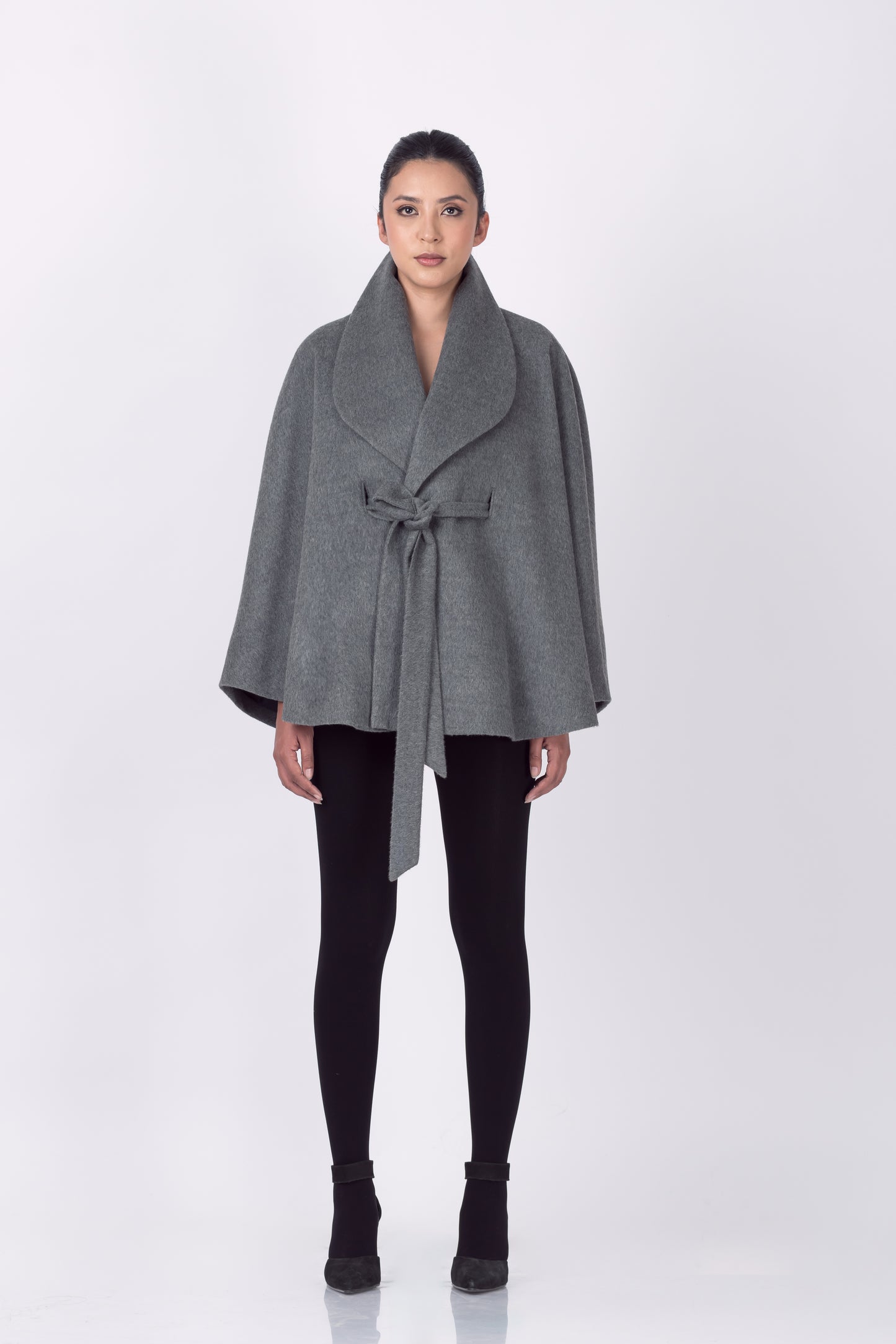 Royal Alpaca Smoking Collar Belted Cape in Stone Grey