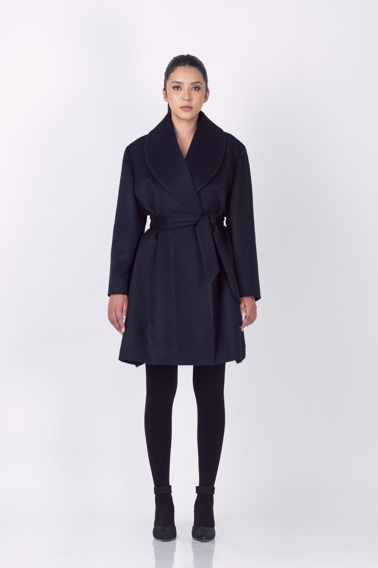 Luxury Baby Suri Smoking Collar Double-Breasted Wrap 3/4 Coat in Navy Blue