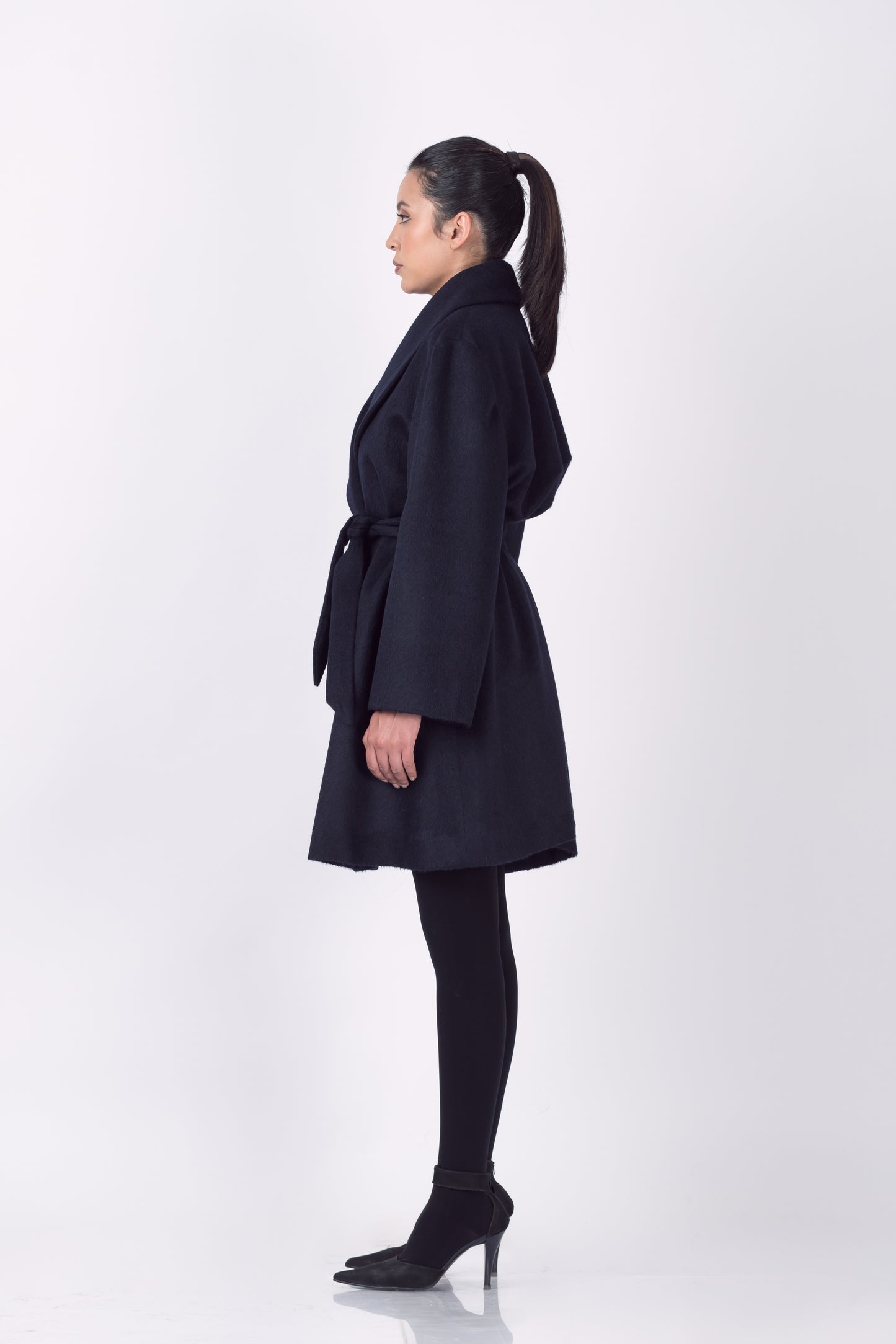 Luxury Baby Suri Smoking Collar Double-Breasted Wrap 3/4 Coat in Navy Blue