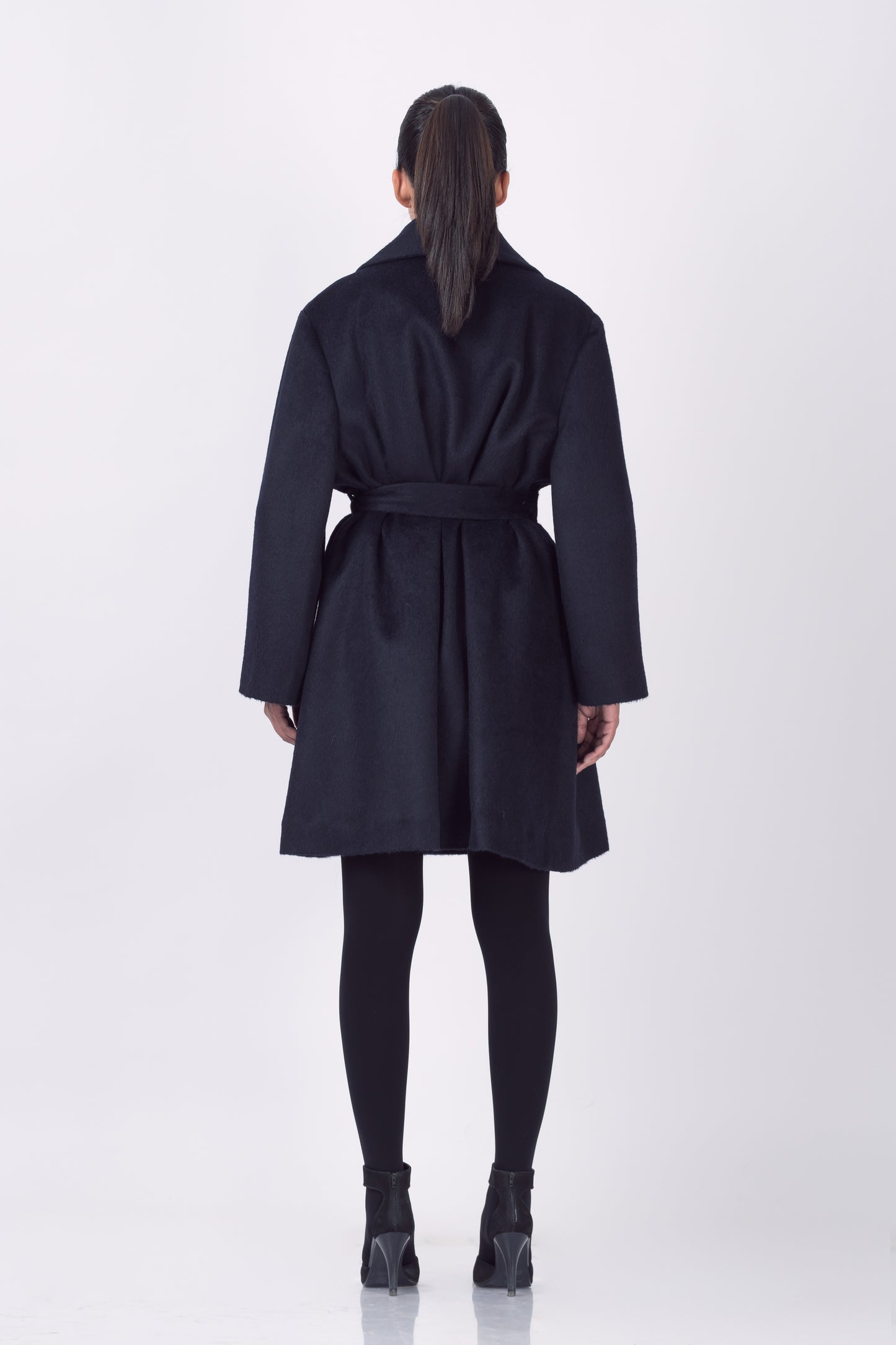 Luxury Baby Suri Smoking Collar Double-Breasted Wrap 3/4 Coat in Navy Blue