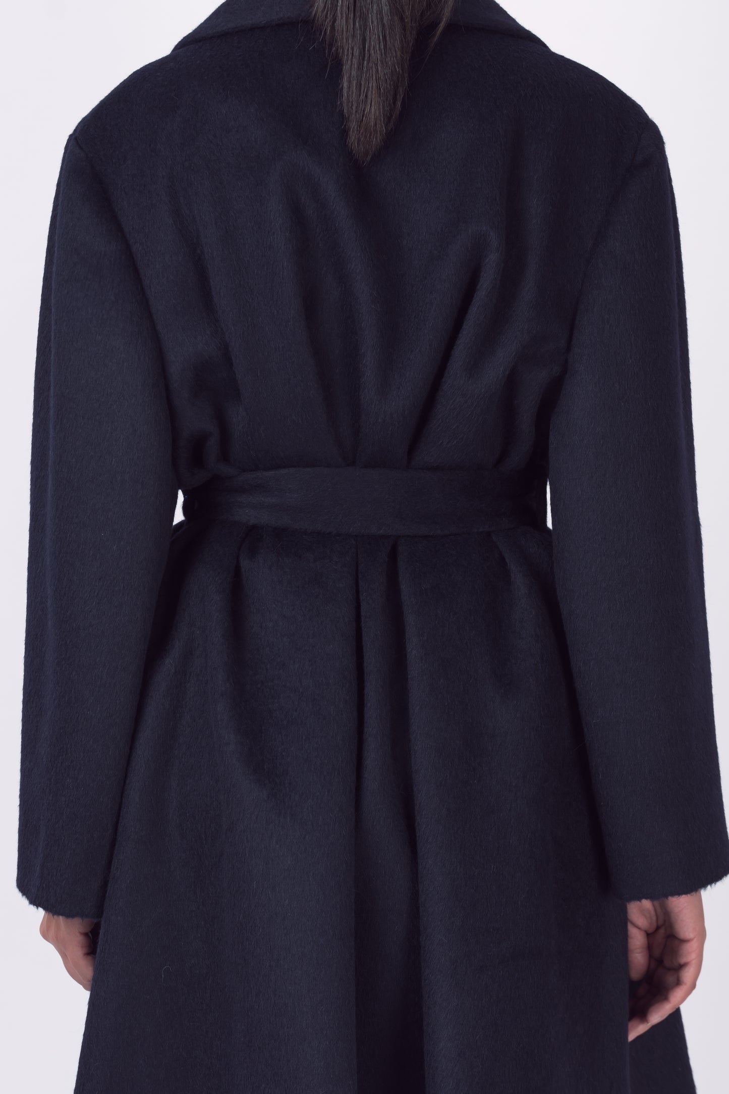 Luxury Baby Suri Smoking Collar Double-Breasted Wrap 3/4 Coat in Navy Blue