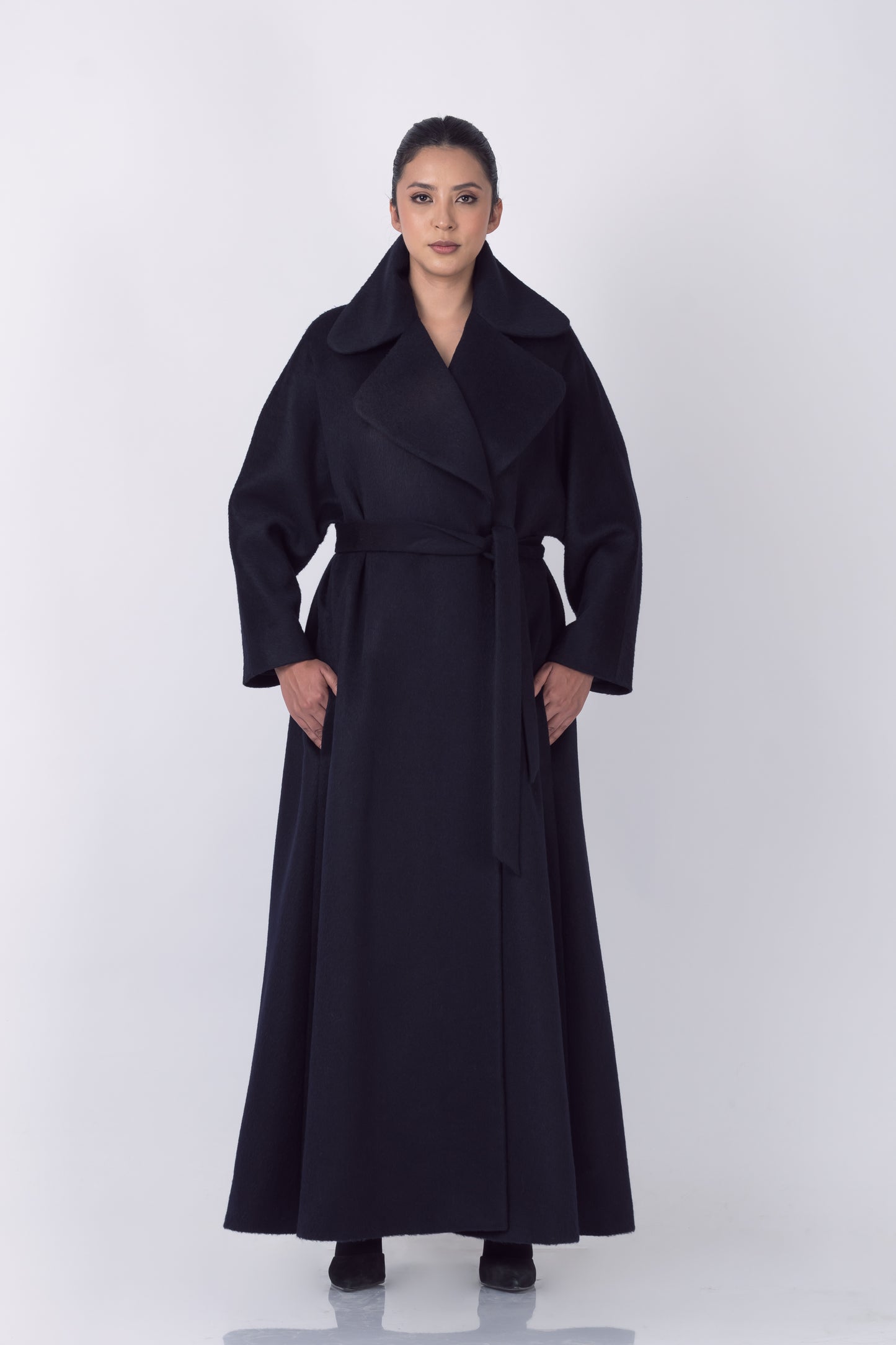 Luxury Baby Suri Alpaca Full Length Trench Coat in Navy Blue