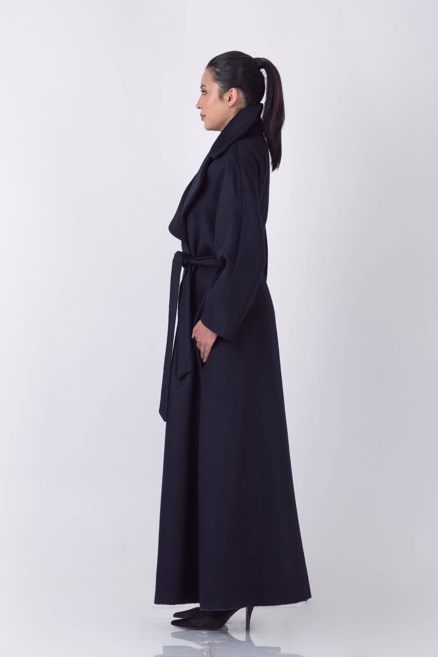Luxury Baby Suri Alpaca Full Length Trench Coat in Navy Blue