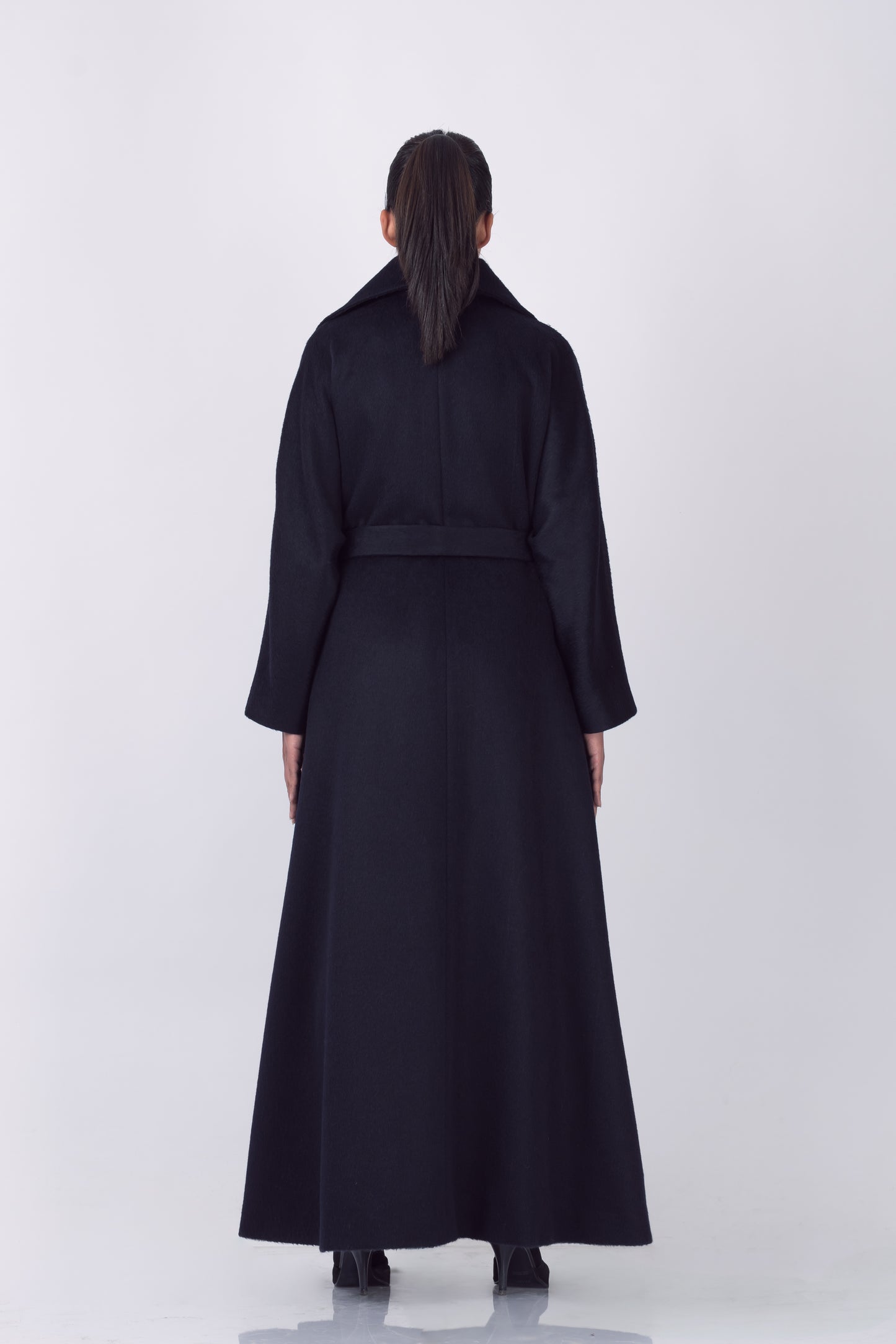 Luxury Baby Suri Alpaca Full Length Trench Coat in Navy Blue