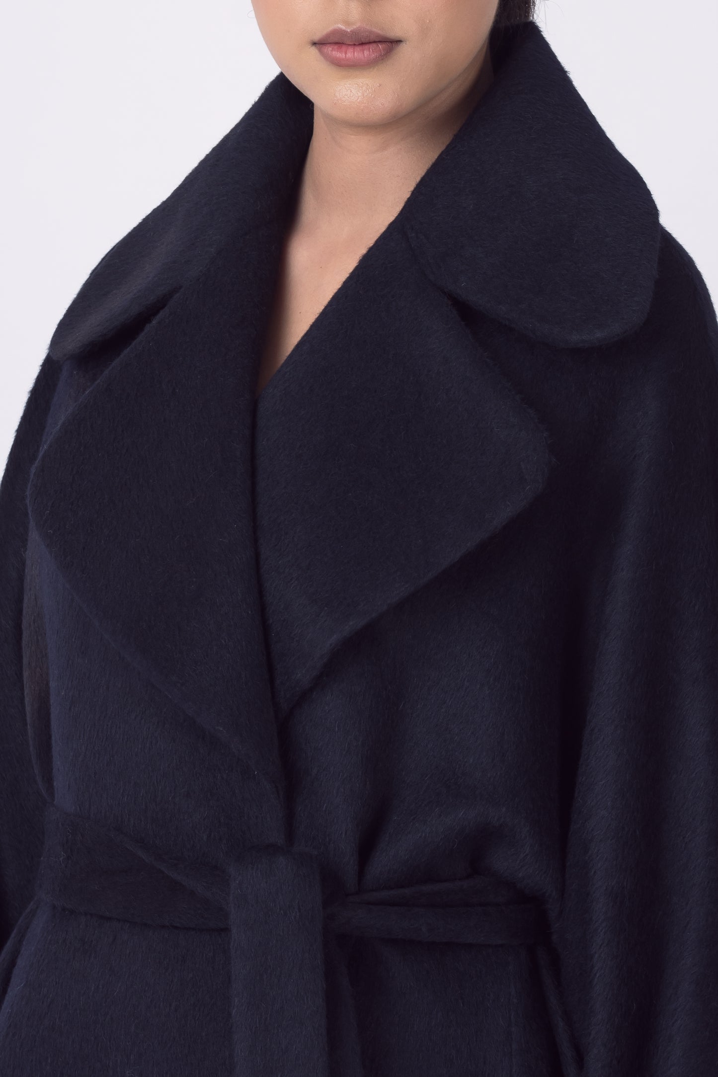 Luxury Baby Suri Alpaca Full Length Trench Coat in Navy Blue