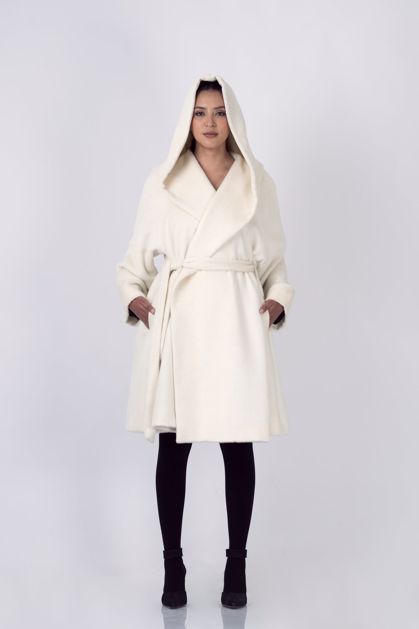 Luxury Baby Suri Alpaca Hooded 3/4 Belted Wrap Coat