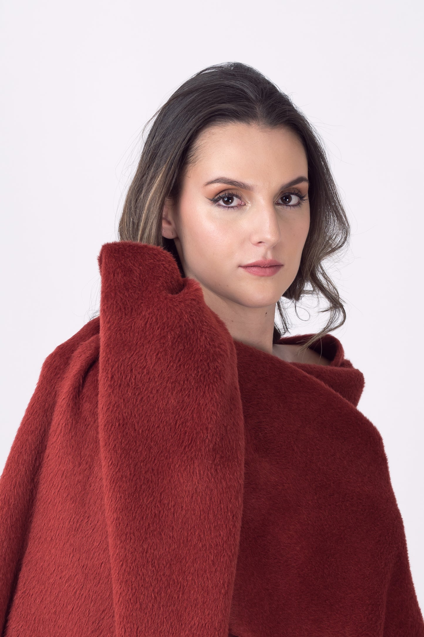 Suri Alpaca Oval Shawl with Adjustable Bow in Dark Copper