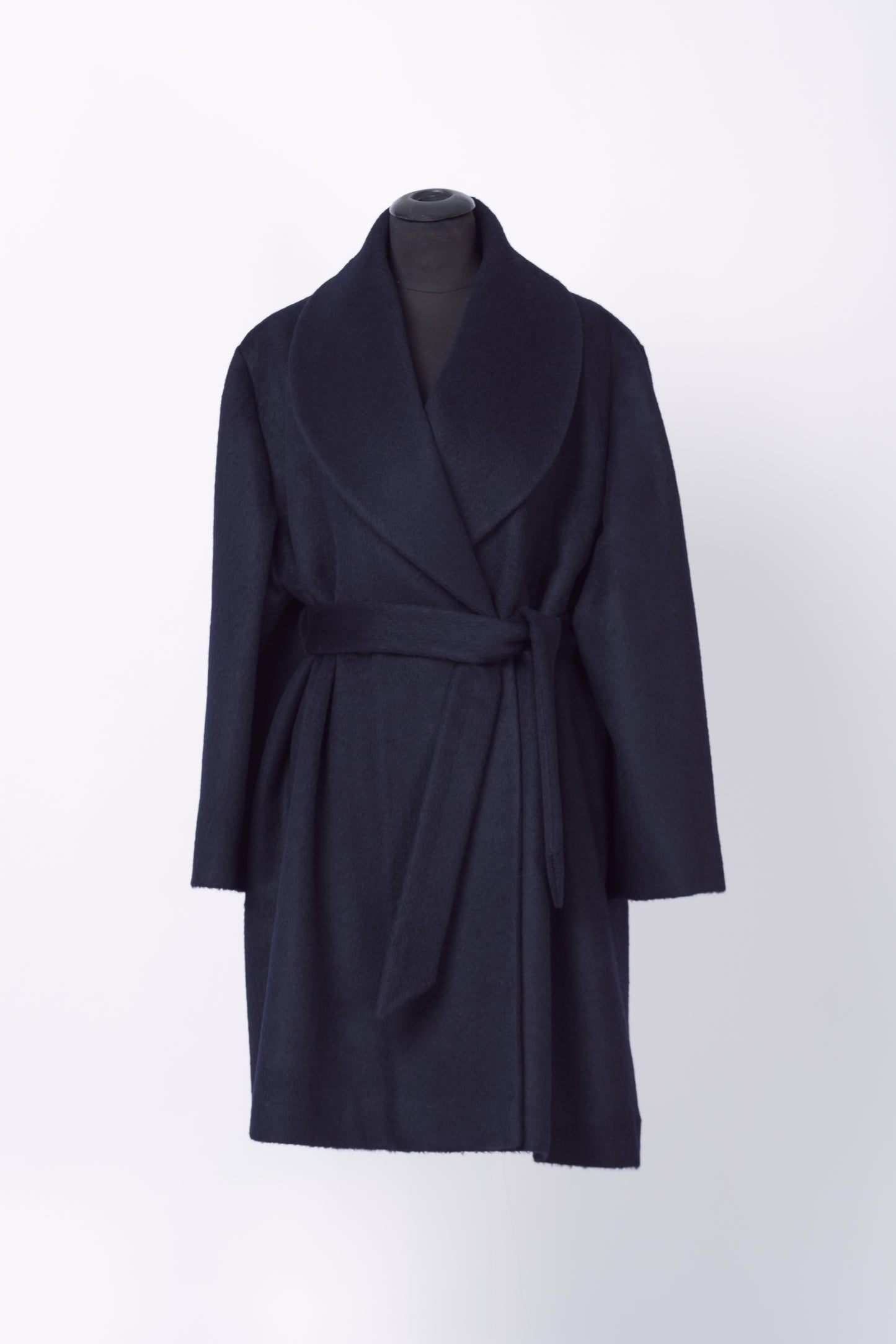 Luxury Baby Suri Smoking Collar Double-Breasted Wrap 3/4 Coat in Navy Blue