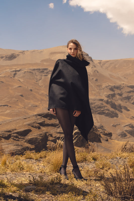 Royal Alpaca Double Collar Poncho in Onyx Black