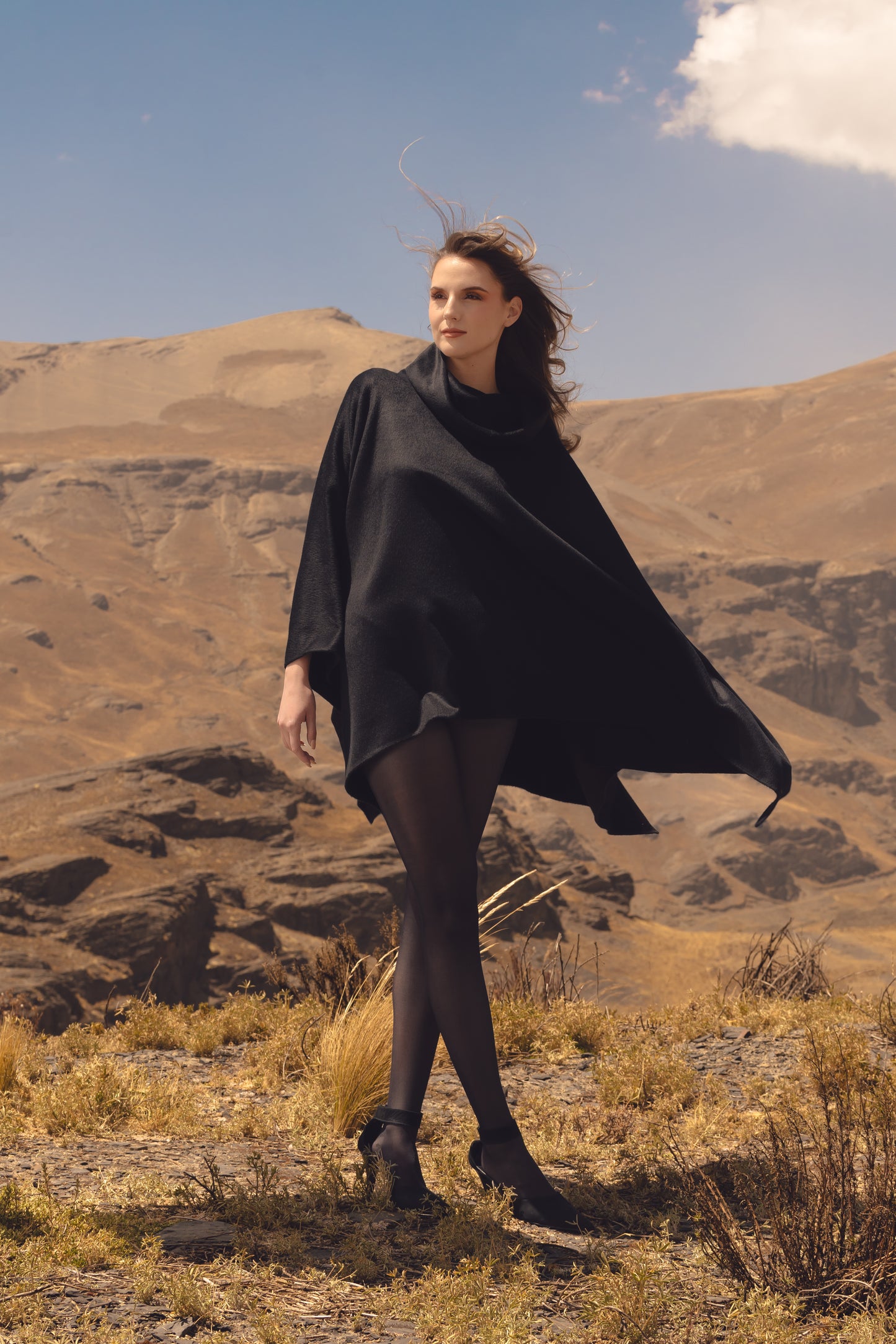 Royal Alpaca Double Collar Poncho in Onyx Black