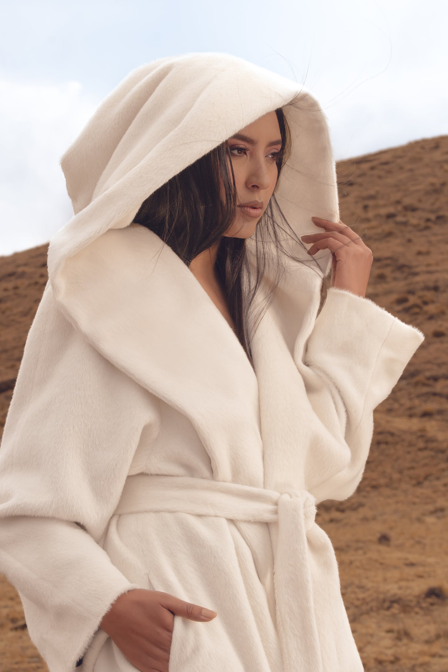 Luxury Baby Suri Alpaca Hooded 3/4 Belted Wrap Coat
