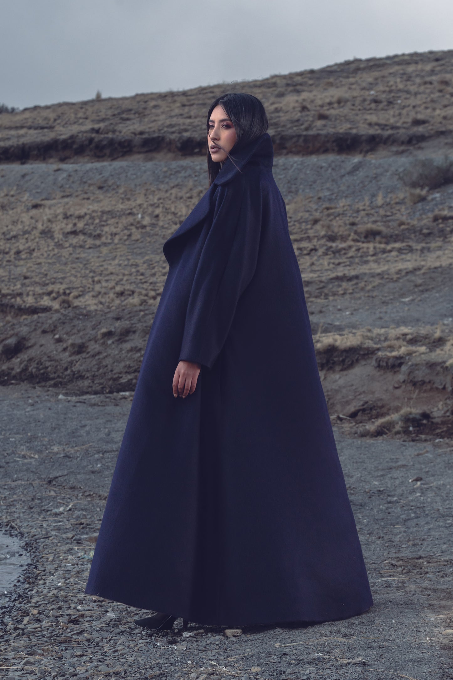 Luxury Baby Suri Alpaca Full Length Trench Coat in Navy Blue