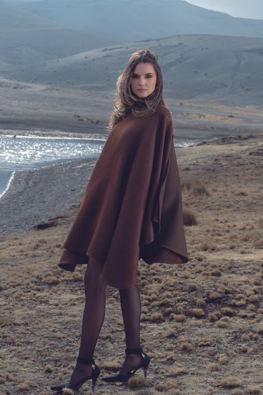 Suri Alpaca Turtleneck Cape in Chocolate Brown