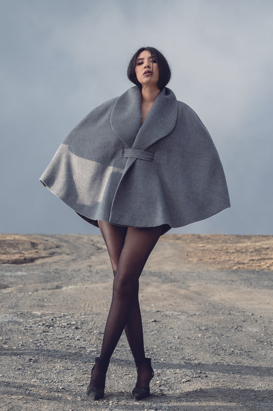 Royal Alpaca Smoking Collar Belted Cape in Stone Grey