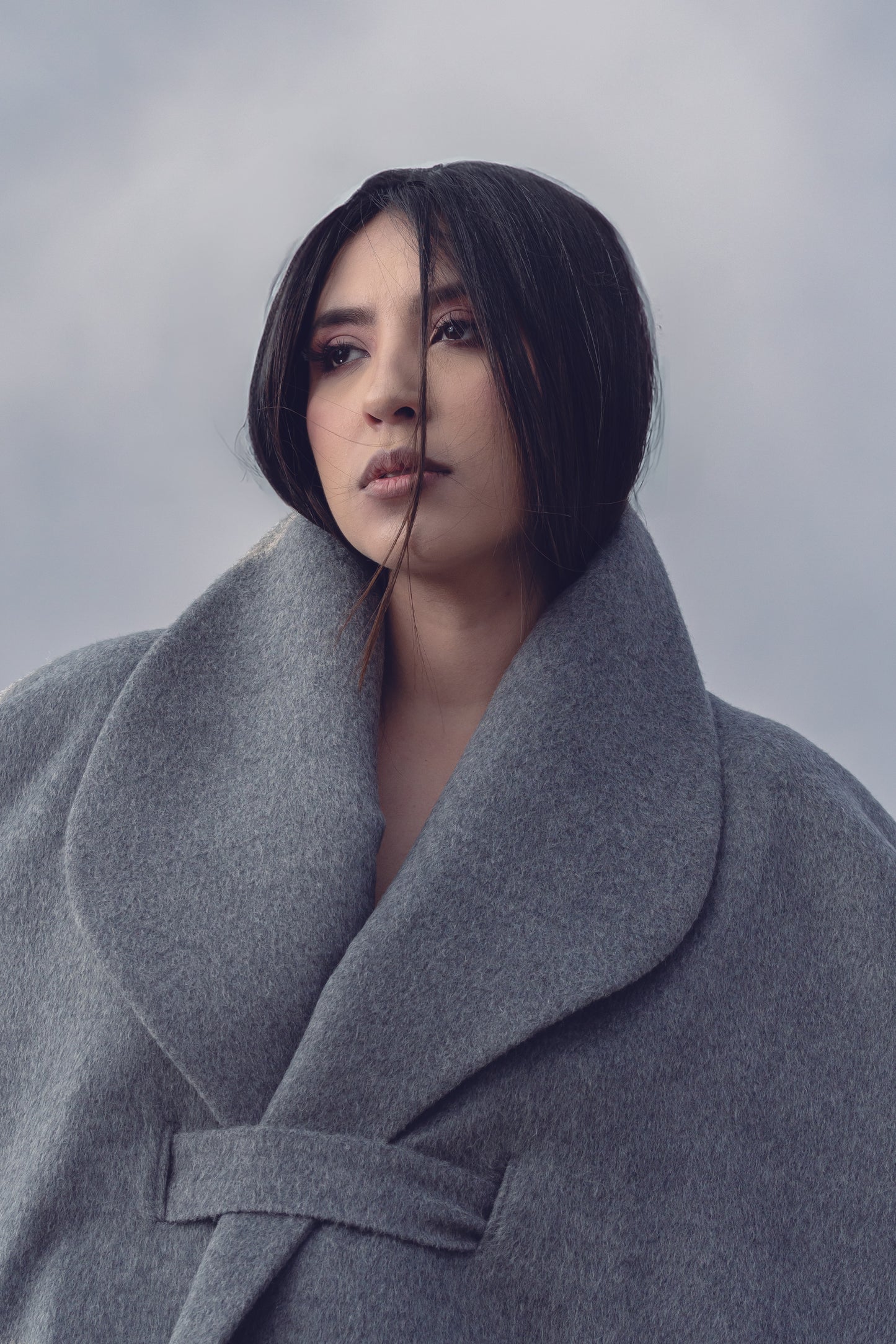 Royal Alpaca Smoking Collar Belted Cape in Stone Grey