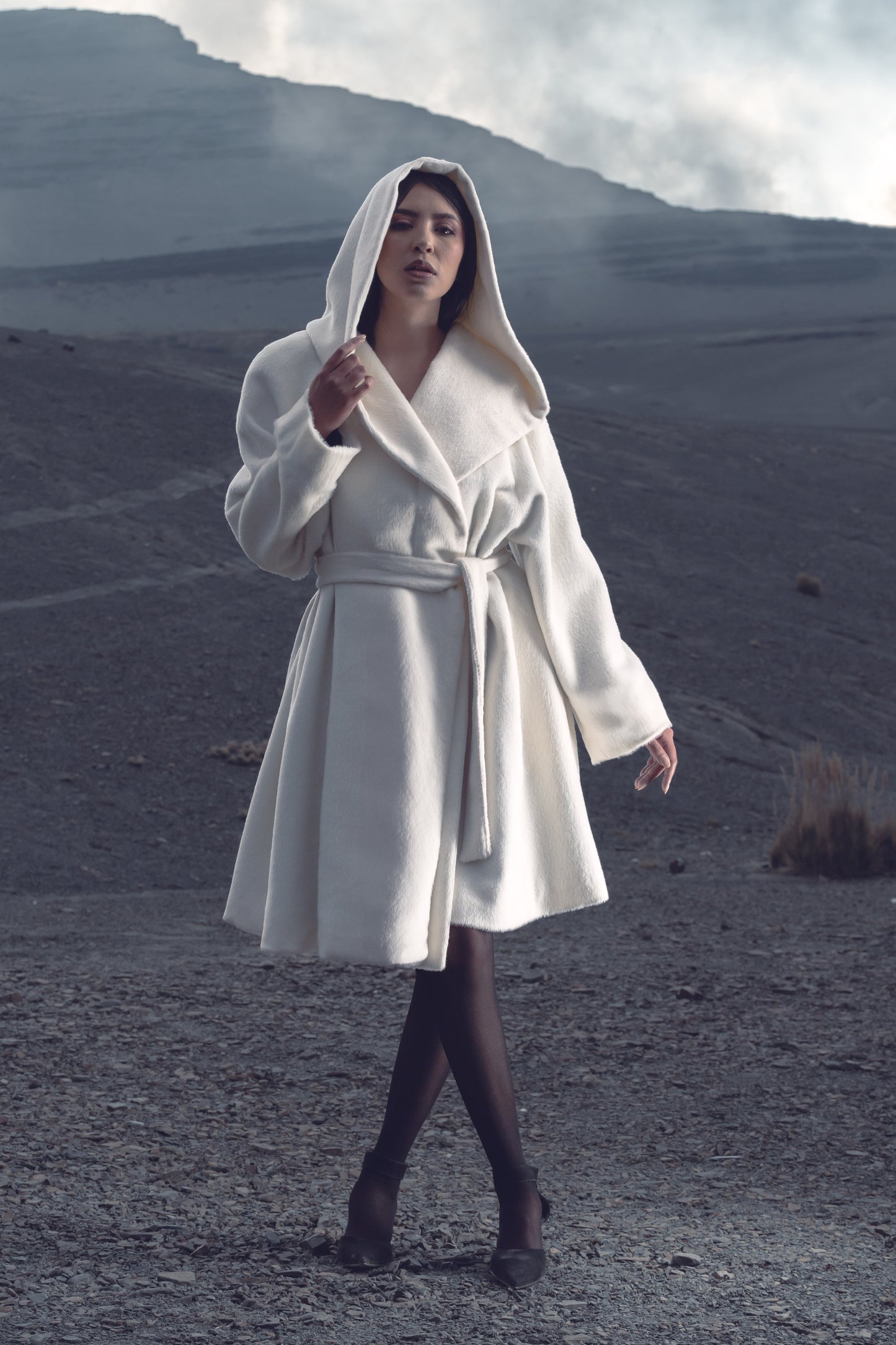 Luxury Baby Suri Alpaca Hooded 3/4 Belted Wrap Coat